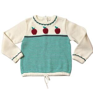 Vintage 70s 80s Apple Sweater Toddler 3T Cream Green Striped Zip Back